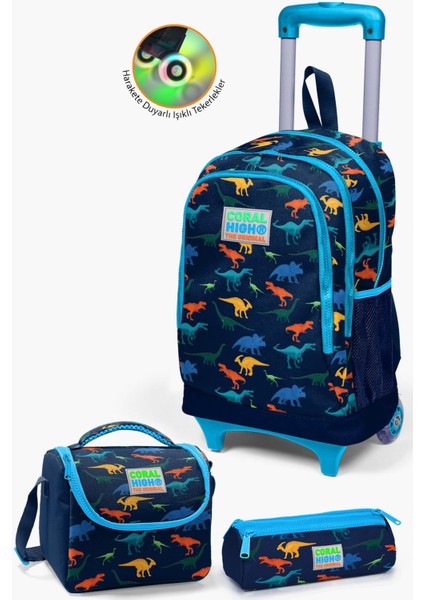 Kids Lacivert Mavi Dinozor Desenli Çekçekli 3'lü Çanta Seti SET0123135
