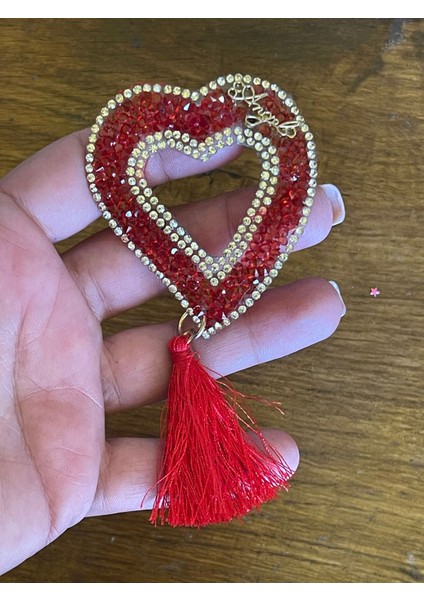6x5 cm Ütü Ile Yapışan Kırmızı Kalp Püsküllü Aplike Arma Yama Dikiş Hobi