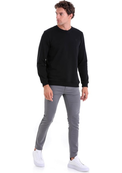 Siyah Regular Fit Düz Pamuklu Bisiklet Yaka Sweatshirt