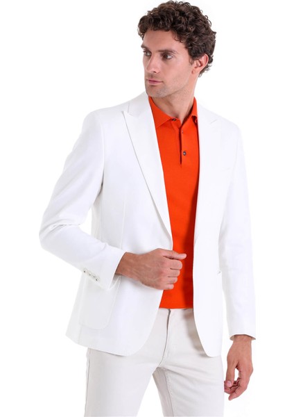 Beyaz D. Comfort Fit Düz Mono Yaka Casual Keten Ceket fiyatları