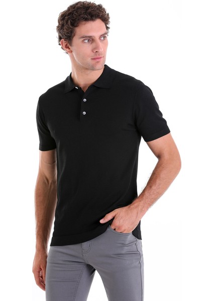 Siyah Slim Fit Düz Rayon Polo Yaka Triko Tişört