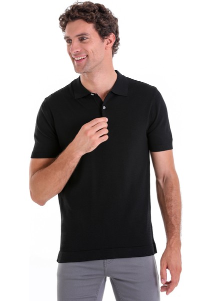 Siyah Slim Fit Düz Rayon Polo Yaka Triko Tişört