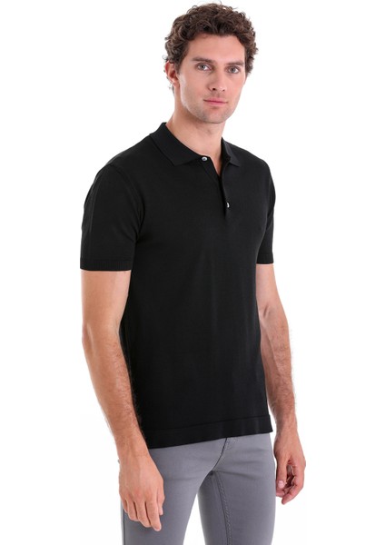 Siyah Slim Fit Düz Rayon Polo Yaka Triko Tişört