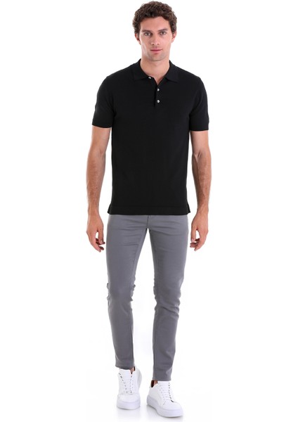 Siyah Slim Fit Düz Rayon Polo Yaka Triko Tişört