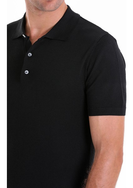 Siyah Slim Fit Düz Rayon Polo Yaka Triko Tişört