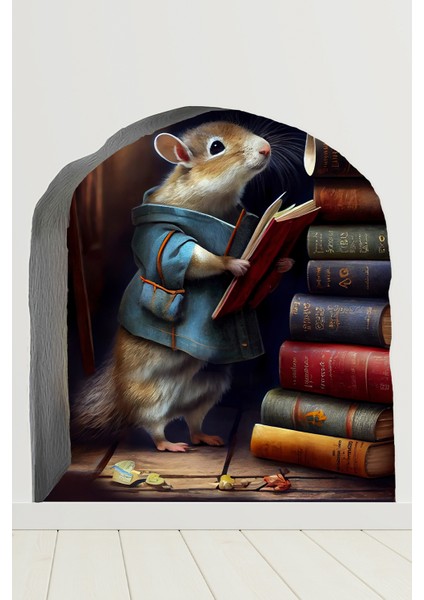 Kütüphaneci Fare ve Fare Deliği Tasarımlı Duvar Sticker Çocuk Odası Bebek Odası