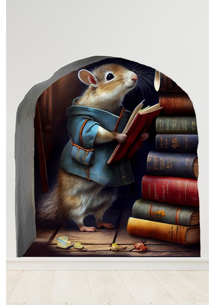 Kütüphaneci Fare ve Fare Deliği Tasarımlı Duvar Sticker Çocuk Odası Bebek Odası fiyatları