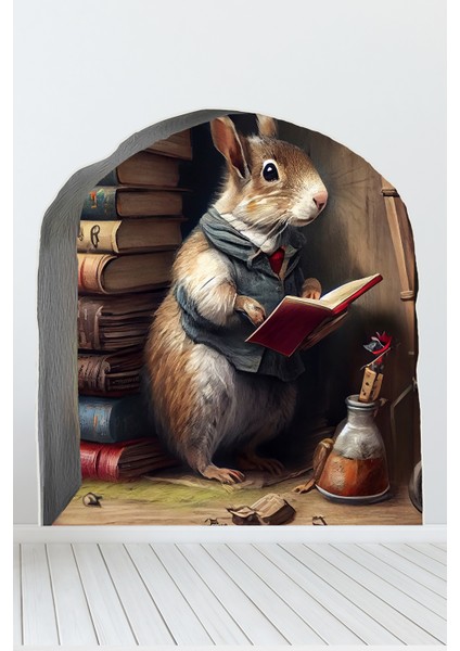 Kitap Okuyan Fare Duvar Sticker Kütüphaneci Sevimli Fare ve Fare Holü Sticker