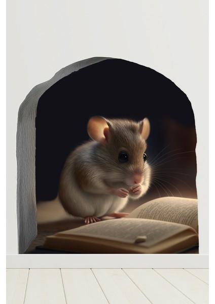 Kitap Okuyan Fare ve Fare Deliği Tasarımlı Duvar Sticker Çocuk Odası Okul