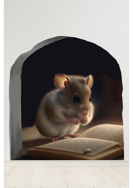 Kitap Okuyan Fare ve Fare Deliği Tasarımlı Duvar Sticker Çocuk Odası Okul fiyatları