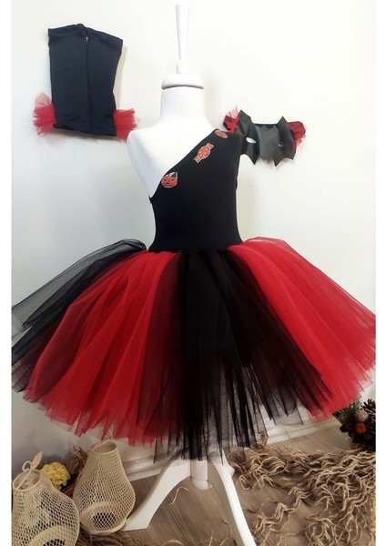 Siyah Tek Omuz Halloween Kız Çocuk Elbise 3'lü Set, Doğum Günü Elbisesi, Cadılar Bayramı Elbisesi