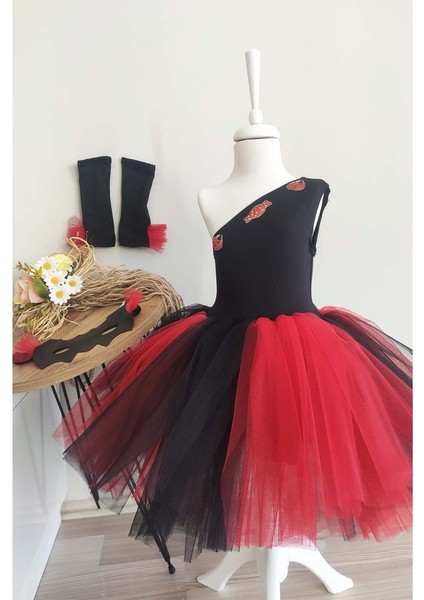Siyah Tek Omuz Halloween Kız Çocuk Elbise 3'lü Set, Doğum Günü Elbisesi, Cadılar Bayramı Elbisesi