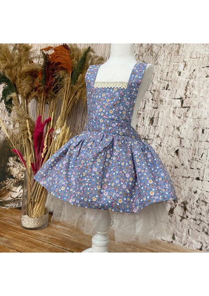 Kız Çocuk Elbise Bandana Takım Mavi Çiçekli 1-8 Yaş Doğum Günü Elbisesi