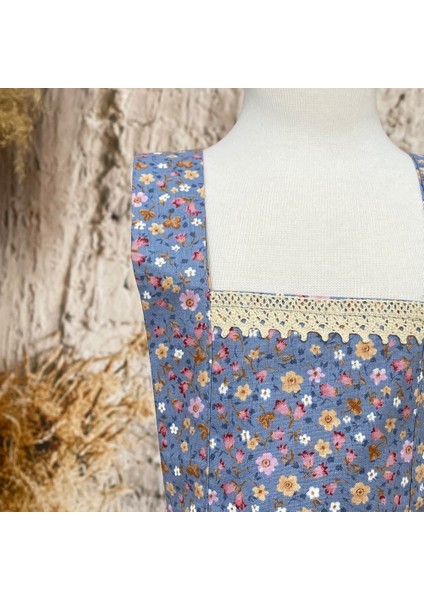 Kız Çocuk Elbise Bandana Takım Mavi Çiçekli 1-8 Yaş Doğum Günü Elbisesi