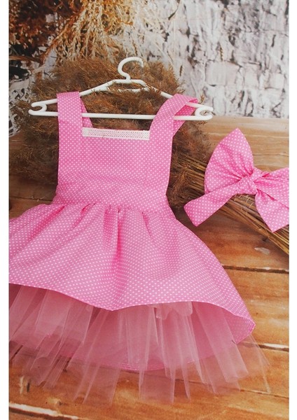 Pembe Puantiyeli Kız Çocuk Tütü Elbise Bandana Takım 1-10 Yaş Doğum Günü Elbisesi