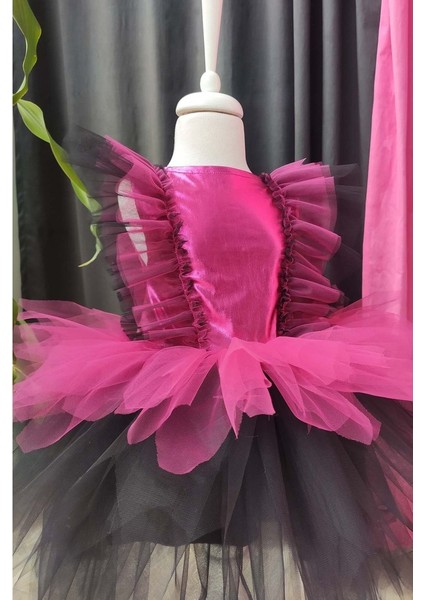 Fuşya Siyah Kat Kat Kız Çocuk Tütü Elbise, Doğum Günü Elbisesi, Top Bandana modelleri