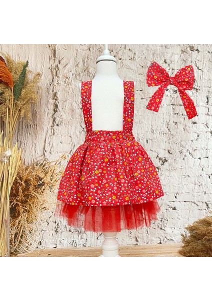 Kız Çocuk Elbise Bandana Takım Kırmızı Çiçekli 1-8 Yaş Doğum Günü Elbisesi