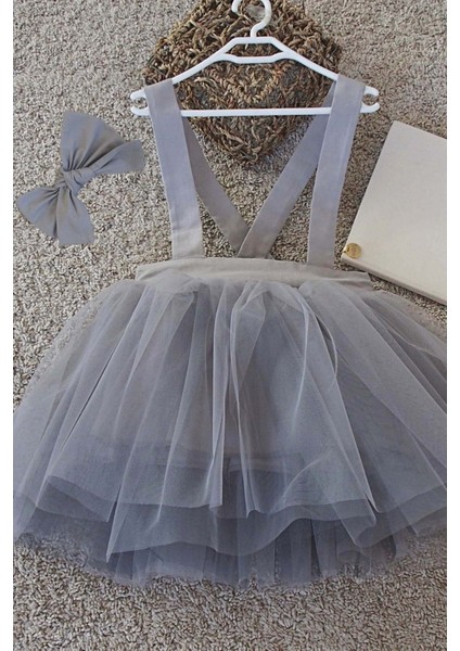 Gri Kız Çocuk Tütü Elbise Bandana Takım 1-10 Yaş Doğum Günü Elbisesi