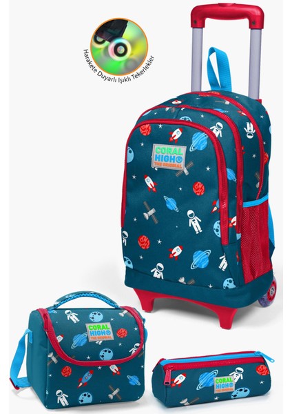 Kids Çivit Kırmızı Uzay Desenli Çekçekli 3'lü Çanta Seti SET0123136