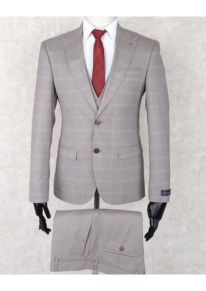 Slim Fit Sivri Yaka-Çift Yırtmaç Taş Rengi Drop 6 Yelekli Takım Elbise