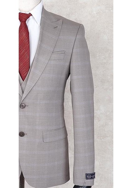 Slim Fit Sivri Yaka-Çift Yırtmaç Taş Rengi Drop 6 Yelekli Takım Elbise modelleri