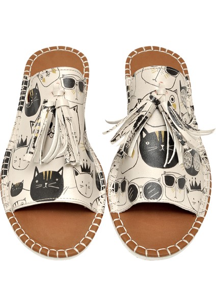 Kadın Vegan Deri Bej Terlik - Monochrome Cats Tasarım