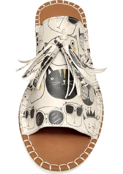 Kadın Vegan Deri Bej Terlik - Monochrome Cats Tasarım fırsatları