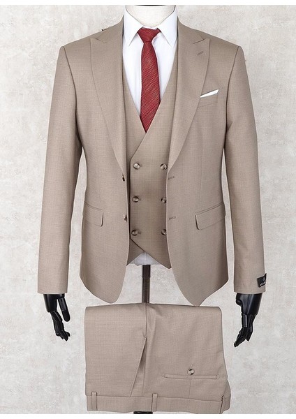 Slim Fit Sivri Yaka-Çift Yırtmaç Bej Rengi Drop 6 Yelekli Takım Elbise fiyatları