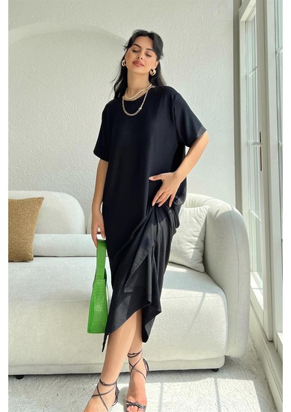 Basic Fitilli Midi Elbise Siyah