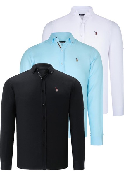 Üçlü Set G674 Dewberry Erkek Gömlek Lacivert Beyaz Camgöbeği