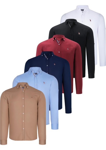 Altılı Set G674 Dewberry Erkek Gömlek Siyah Beyaz Lacivert Camel Bordo Bebe Mavi