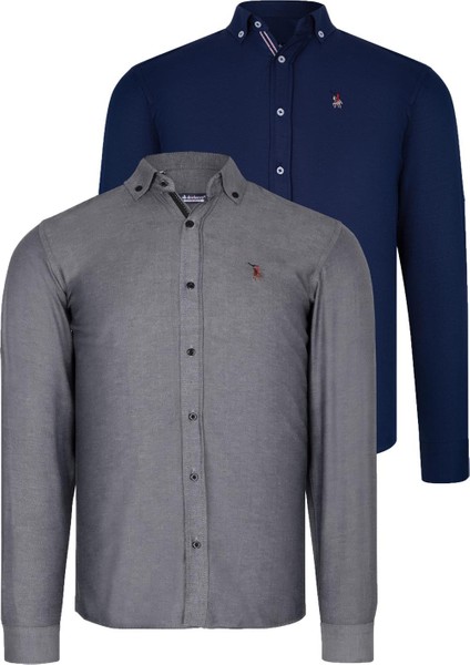 Ikili Set G674 Dewberry Erkek Gömlek-Lacivert-Füme