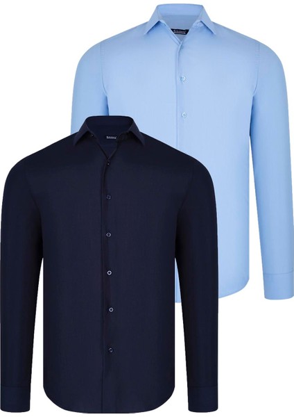 Ikili Set G726 Dewberry Erkek Gömlek-Lacivert-Mavi