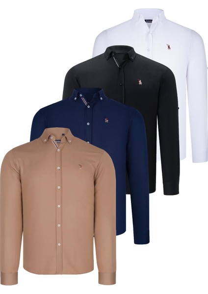 Dörtlü Set G674 Dewberry Erkek Gömlek Siyah Beyaz Lacivert Camel