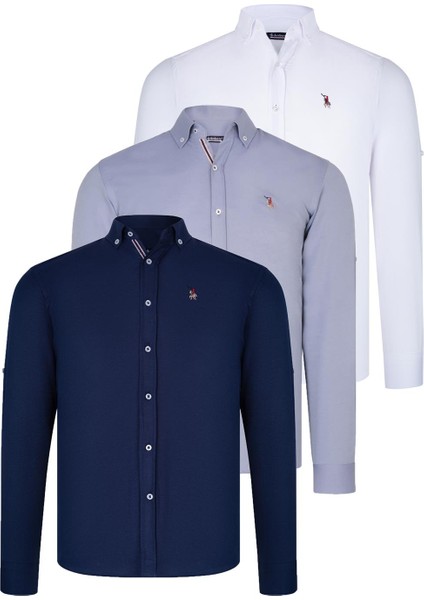 Üçlü Set G674 Dewberry Erkek Gömlek-Lacivert-Beyaz-Gri