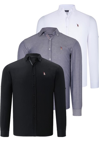 Üçlü Set G674 Dewberry Erkek Gömlek-Siyah-Beyaz-Kot Mavisi