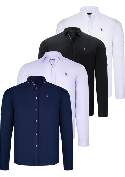 Dörtlü Set G674 Dewberry Erkek Gömlek Siyah Beyaz Lacivert Lila