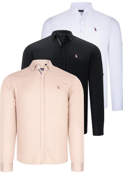 Üçlü Set G674 Dewberry Erkek Gömlek Siyah Beyaz Bej