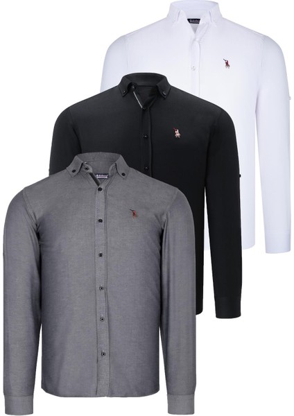 Üçlü Set G674 Dewberry Erkek Gömlek-Siyah-Beyaz-Füme