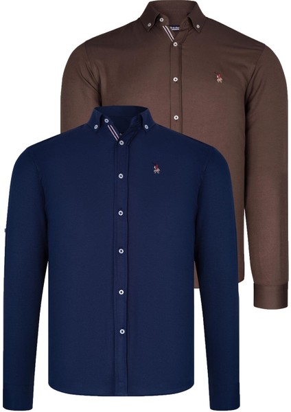 Ikili Set G674 Dewberry Erkek Gömlek-Lacivert-Toprak