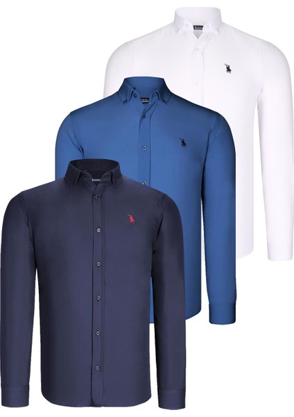 Üçlü Set G725 Dewberry Erkek Gömlek Lacivert Beyaz Indigo