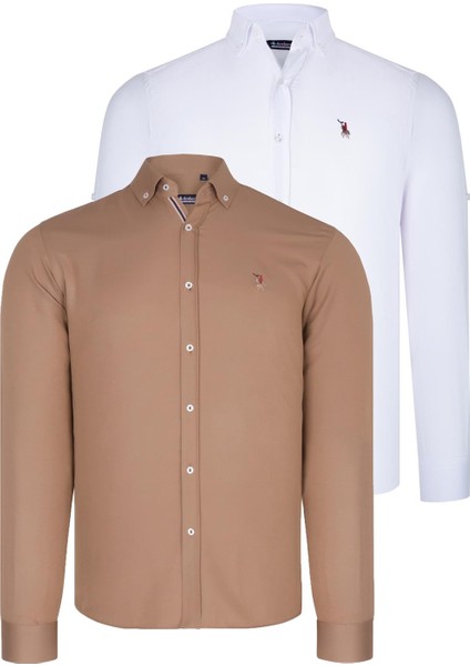 Ikili Set G674 Dewberry Erkek Gömlek-Beyaz-Camel