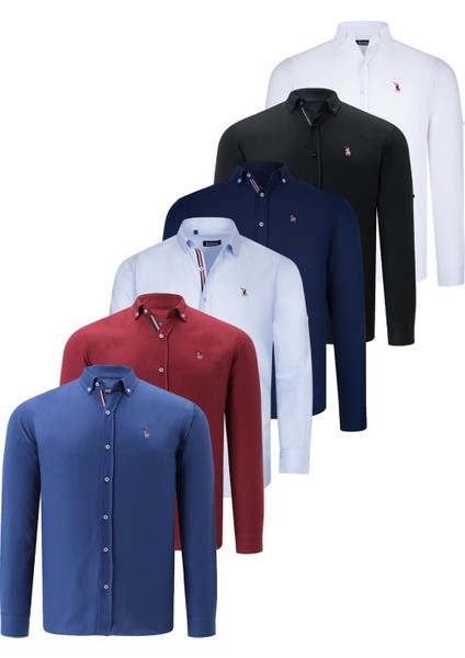 Altılı Set G674 Dewberry Erkek Gömlek-Siyah-Beyaz-Lacivert-Açık Mavi-Bordo-Indigo
