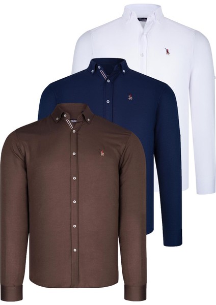 Üçlü Set G674 Dewberry Erkek Gömlek-Lacivert-Beyaz-Toprak