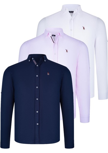 Üçlü Set G674 Dewberry Erkek Gömlek Lacivert Beyaz Pembe