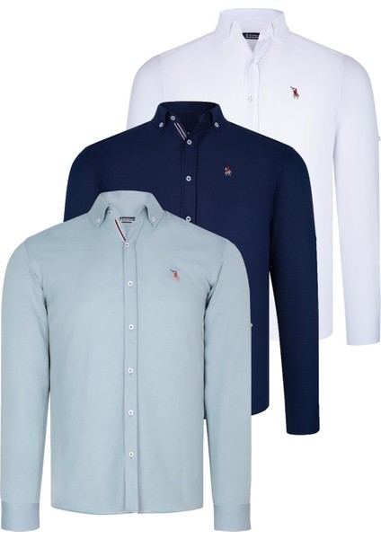 Üçlü Set G674 Dewberry Erkek Gömlek Lacivert Beyaz Su Yeşili