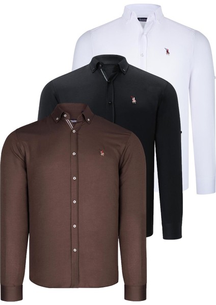 Üçlü Set G674 Dewberry Erkek Gömlek Siyah Beyaz Toprak