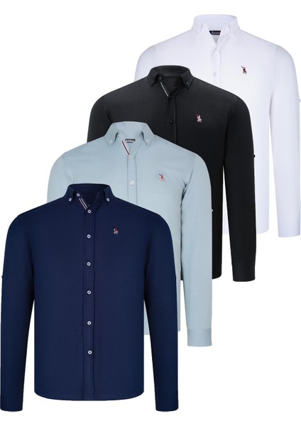 Dörtlü Set G674 Dewberry Erkek Gömlek-Siyah-Beyaz-Lacivert-Su Yeşili