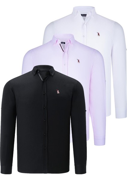Üçlü Set G674 Dewberry Erkek Gömlek-Siyah-Beyaz-Pembe