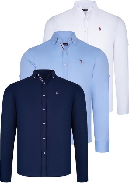 Üçlü Set G674 Dewberry Erkek Gömlek Lacivert Beyaz Bebe Mavi